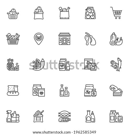 Grocery store departments line icons set. Grocery sections linear style symbols collection, outline signs pack. vector graphics. Set includes icons as fruit and vegetable, dairy product, seafood, meat Royalty-Free Stock Photo #1962585349