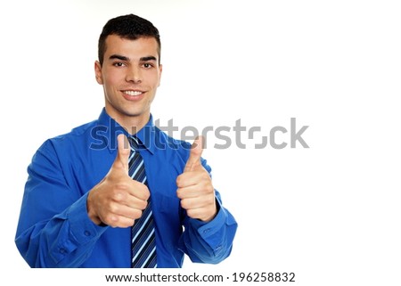 Young businessman in shirt shows you thumbs up, right you can write some text