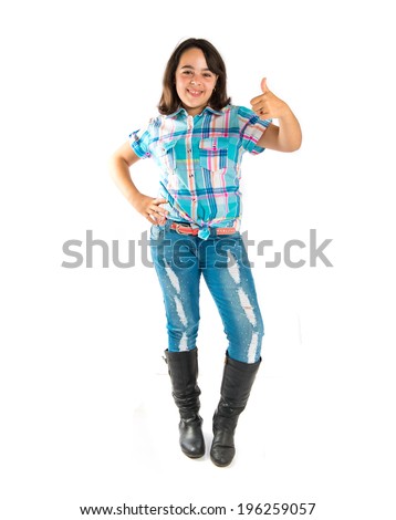 Girl with thumbs up over white background 