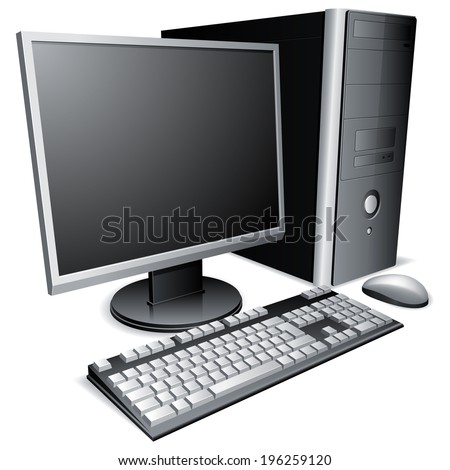Desktop computer with lcd monitor, keyboard and mouse.