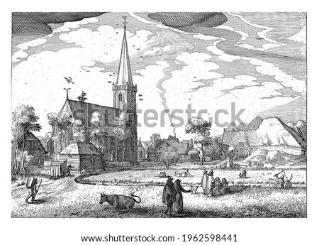 View of the village of Diemen, with the church on the left and a farm with a straw roof. In the foreground some people and grazing cattle.