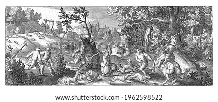 Dogs, men with spears and clubs, and a man on horseback drive a pack of wolves. One of the wolves is hung in a tree. In the background a driving hunt near a gallows and a wheel.