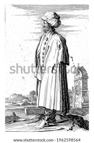 A man is standing in front of a classic fountain. He wears a turban on his head. The print is part of a series of twelve prints with standing figures.