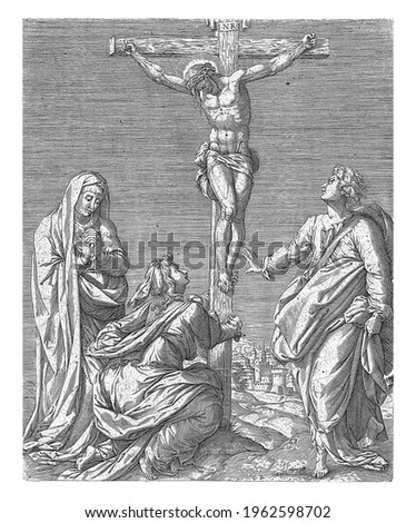 Christ on the cross. On the left, Mary Magdalene is kneeling with both hands, embracing the cross, and to her left, Mary is standing with her hands together.