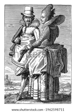 A man and woman in early seventeenth-century clothing. The woman is holding a fan. In the background a river with a sailing boat.