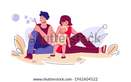 Family on summer vacation in nature. Father blows bubbles for little daughter. Mom holds the girl on her lap. Vector illustration in flat cartoon style.