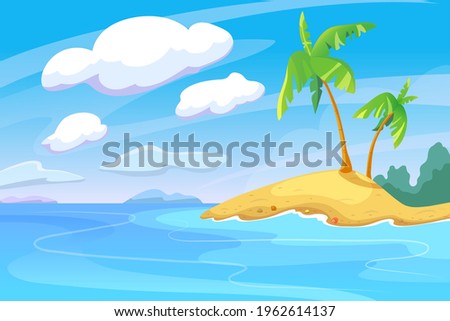 Summer island cartoon landscape, horizontal vector illustration. Tropical island for summer vacation. Sunny seaside optimistic landscape for tourism banner with place for text. Yellow sand beach tide