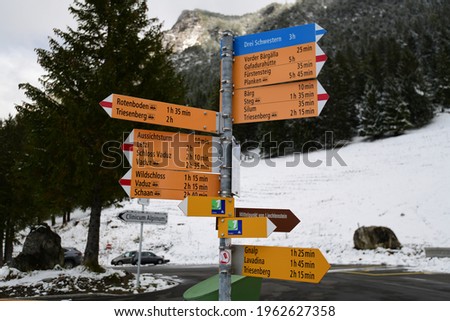 Road sign with destinations and distance in Liechtenstein, Europe