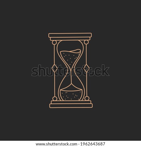 Hourglass or sandglass logo, gold simple contour line, boho style on black background, modern trendy hand drawn vector magic astrology symbol and mystic design element, doodle flat shape illustration Royalty-Free Stock Photo #1962643687