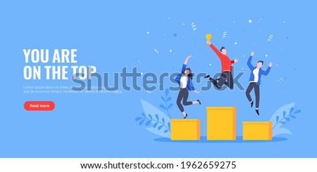 People standing on the podium rank first three places, jumps in the air with trophy cup. Employee recognition and competition award winner business concept flat style design vector illustration. Royalty-Free Stock Photo #1962659275