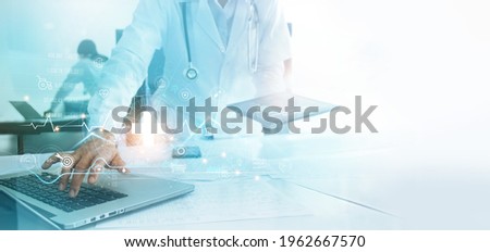 Doctor using intelligence network connecting data analysis and diagnose patient health problem. Innovation technology in medical and science develop solution to improve quality of lives and wellbeing. Royalty-Free Stock Photo #1962667570