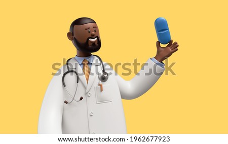 3d render. Doctor african cartoon character holds blue pill. Clip art isolated on yellow background. Medicament recommendation. Pharmaceutical clip art isolated on yellow background