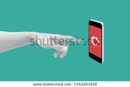 Digital collage modern art. Hand pointing on mobile smart phone, with loading screen Royalty-Free Stock Photo #1962685828