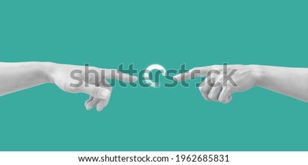 Digital collage modern art. Hand reaching out, pointing finger together Royalty-Free Stock Photo #1962685831