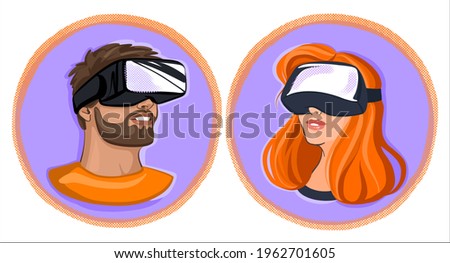 A set of stickers of illustrations in a circle. A girl and a guy in virtual reality glasses. Bright and stylish illustration for posters and postcards.