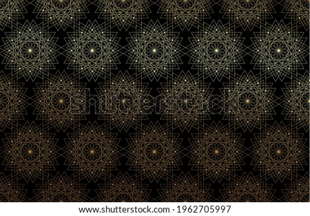 Seamless Sacred Geometry Seed of life gold pattern background. Logo flower of life texture Geometric mystic mandala of alchemy esoteric luxury Flowers golden line art. Vector on black background