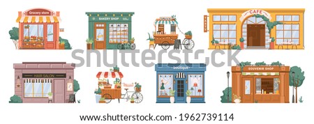 Grocery store and bakery, mobile coffee kiosk on bike, cafe restaurant and hair salon barbershop, florist flower store and clothing boutique, shop with souvenirs isolated building set facade exterior Royalty-Free Stock Photo #1962739114