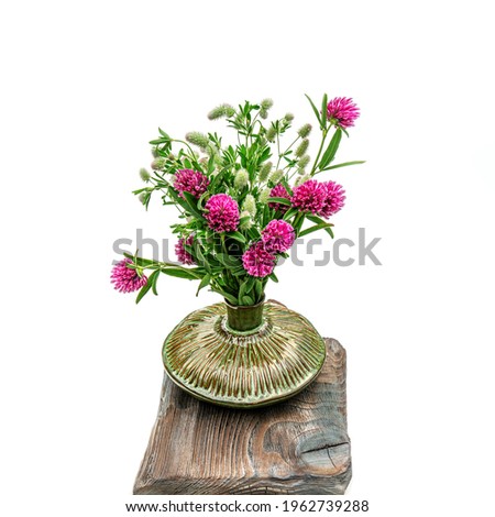 Red clover flowers in a beautiful antique vase on a beautiful textured vintage board. Isolated on white.