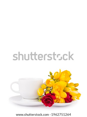 White cup of coffee on white background.  White cup copy space