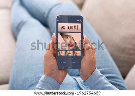 Augmented Reality Beauty App. Pov Of Woman Trying Different Lipstick Color Online On Smartphone, Using Modern Application With AR Makeup Simulation, Creative Collage, Selective Focus