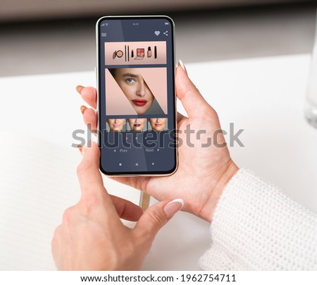 Over The Shoulder Point Of View Of Female Customer Using Lipstick Color Makeup Simulation App On Cellphone, Browsing Beauty Application With Augmented Reality Option Online, Creative Collage