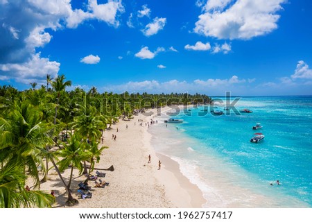 Beautiful caribbean beach on Saona island, Dominican Republic. Aerial view of tropical idyllic summer landscape with green palm trees, sea coast and white sand Royalty-Free Stock Photo #1962757417