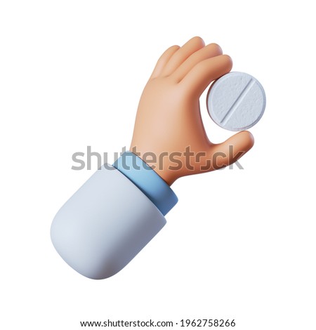 3d render. Doctor or pharmacist cartoon hand holds big white tablet or pill. Medical illustration. Pharmaceutical clip art isolated on white background.