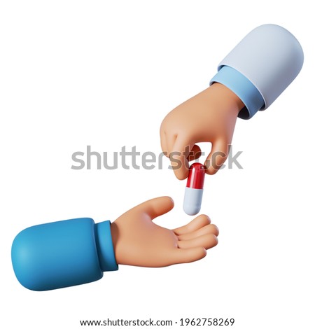 3d render. Doctor or pharmacist cartoon hand gives red pill to the patient hand. Medical healthcare illustration. Pharmaceutical clip art isolated on white background.