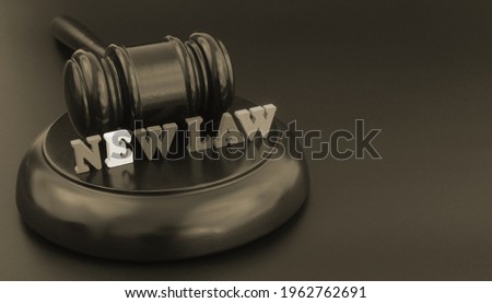 Words NEW LAW and wooden judge gavel on table, space for text.
