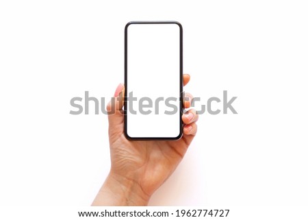 Person holding phone with empty white screen, isolated on white background