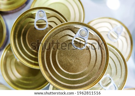 Metal containers with canned food. View from above. Close-up