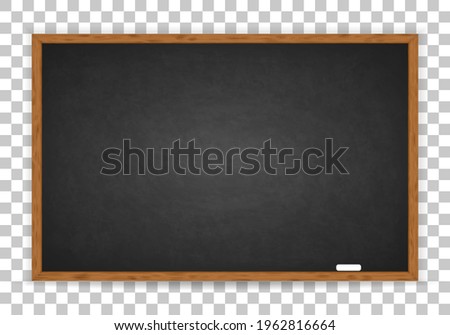 Rubbed out dirty chalkboard. Realistic blackboard in wood frame isolated on transparent background. Empty chalkboard for restaurant menu or school class. Sign black board for design prints. Vector Royalty-Free Stock Photo #1962816664