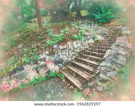 Stairs in a park watercolor pattern colorful illustration