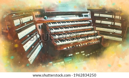Inside Church Great Organ watercolor pattern St. Stephen’s Cathedral in Vienna Austria colorful illustration