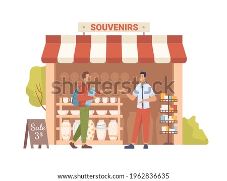 Souvenir shop with awning, sale on market, seller show goods to buyer, flat cartoon people. Vector small retail business, antique store, collectables in shop window, presents, gifts, decorative vases Royalty-Free Stock Photo #1962836635