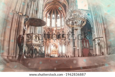 Inside Church watercolor pattern the Holy Vow in Vienna Austria colorful illustration