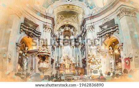 Inside Church watercolor pattern St. Peter’s Church in Vienna Austria colorful illustration