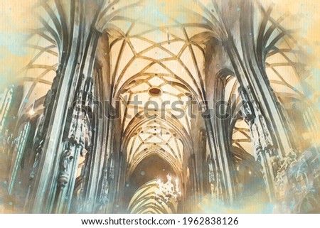 Inside Church watercolor pattern the Holy Vow in Vienna Austria colorful illustration