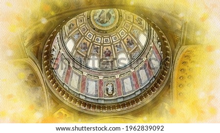 Inside Church watercolor pattern Basilica of St. Stephen in Budapest Hungary colorful illustration