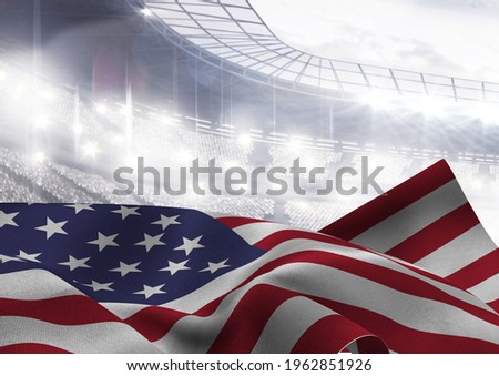 Digital composite image of american flag waving against sports stadium in background. patriotism and sports concept