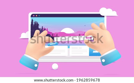 Web designer - Hands designing user website on laptop screen, moving UI elements around. Web design concept, 3d vector illustration. Royalty-Free Stock Photo #1962859678