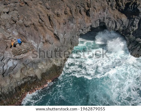 Aerial view at the coast of Los Hervideros on Lanzarote island in Spain