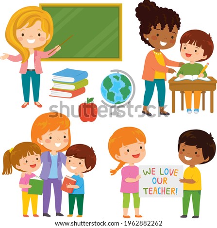 Teachers and schoolkids. Cute happy teachers and their loving students learning together in the classroom.