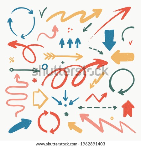 Abstract arrow icons set. Various doodle arrows in different shapes with grunge texture. Hand-drawn abstract infographic Vector collection.
