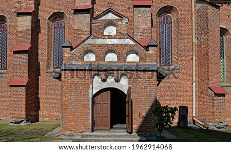 The photos show close-up architectural details of the Catholic Church of Saint Achacius in the town of Czernice Borowe in Masovia, Poland.