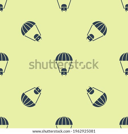 Blue Space capsule returning to earth via parachute icon isolated seamless pattern on yellow background.  Vector Illustration