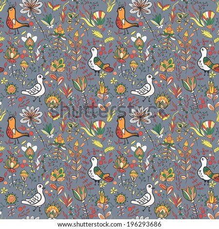 Seamless flower and bird. Endless floral pattern. Full color floral background