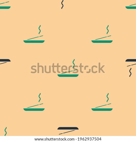 Green and black Scented spa stick on a wooden stand icon isolated seamless pattern on beige background. Incense stick. Cosmetic procedure aromatherapy.  Vector Illustration