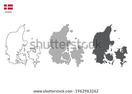 3 versions of Denmark map city vector by thin black outline simplicity style, Black dot style and Dark shadow style. All in the white background.  Royalty-Free Stock Photo #1962963262