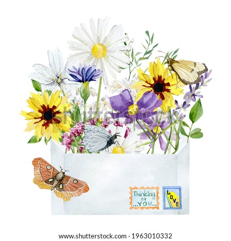 Watercolor envelope with wild floral garden. Wildflowers greenery plants and butterfly. Сrocus, buttercup, violets and carnation, cornflower. Bright flowers romantic, love message.